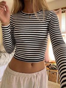 CovetEZ Autumn New Black And White Striped Ribbed Knit Short Crew Neck Long Sleeve Slim Fit Women's T-Shirt Suitable For Daily Commute Everyday Daytime Casual - Blue - View 3