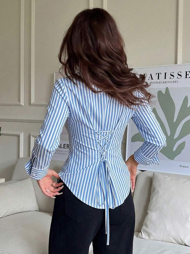 SHEIN EZwear Women's Casual Coastal Chic Smart Casual Waist-Cinching Tie Long Sleeve Striped Shirt, Autumn/Winter Clothing, Commuter Streetwear, Office Work, Party - Multicolor - View 2