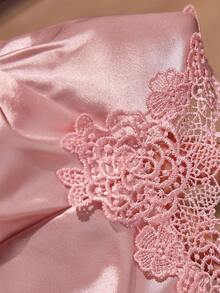 SilkySpell Pink Heavy Lace Sexy Plus Size Faux Silk Pajama Set - Pink - View 3