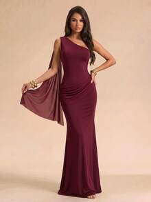 SHEIN Glamour Elegant Fashion Solid Color Ribbon Decor Women's Long Dress, Suitable For Evening Dinner Party, Bachelorette Party, Cocktail Party Summer - Burgundy - View 6