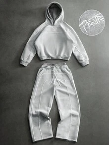 Manfinity Roghcode Men's Letter Embroidery Pattern Hoodie And Sweatpants Casual Daily Outfit - Grey - View 1