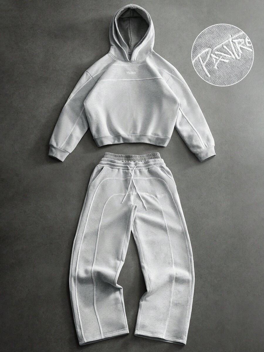 Manfinity Roghcode Men's Letter Embroidery Pattern Hoodie And Sweatpants Casual Daily Outfit - Grey - View 1