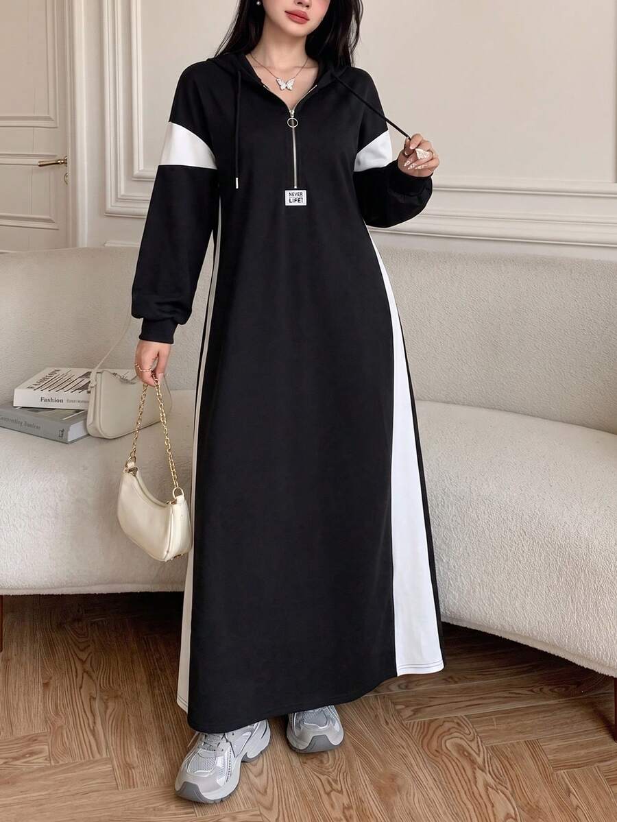 Al Najma Gaun Sweatshirt Berkerudung Longgar, Blok Warna Hitam & Putih, Bahu Jatuh, Menonjol dan Memperindah, Gaun Panjang Selutut