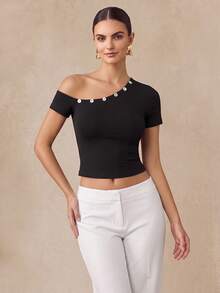 SHEIN Women's Solid Color Oblique Shoulder Button Design Short Sleeve Cropped Fitted T-Shirt - Multicolor - View 3
