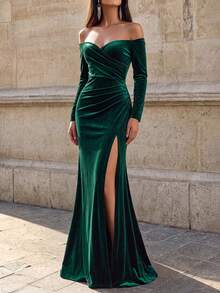 Firerie Solid Color Velvet Off Shoulder Ruched Waist High Slit Bridesmaid Dress, Elegant Long Sleeve Dress Wedding Fall - Green - View 4