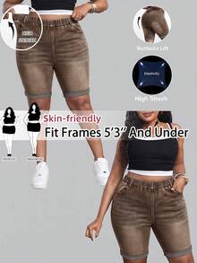 SHEIN PETITE CURVE 女款大尺碼灰色丹寧彈性緊身短褲 正式沙灘生日夏季休閒西式可愛風 - 棕色 - 查看 5