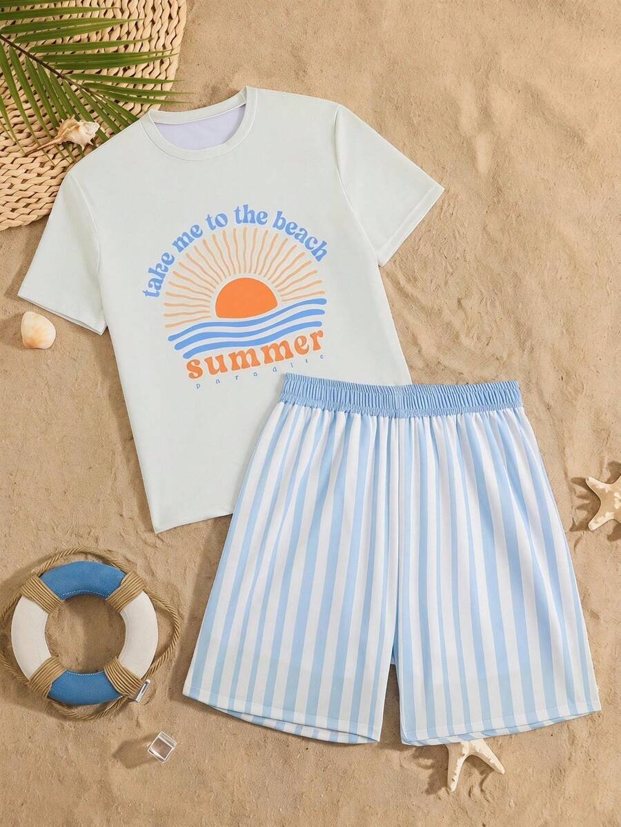 SHEIN Teenage Boys' Swimwear Set,White Printed Rash Guard Top And Striped Print Woven Fabric Beach Shorts For Summer,Vacation,Holiday,Surfing - Multicolor - View 1
