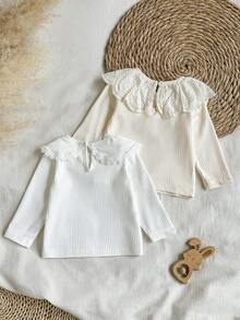 SHEIN Vintaside Kids 2件組女嬰春秋米色/奶油色/白色軟綿甜美風薄款羅紋針織長袖上衣，鏤空刺繡彼得潘領/花朵蕾絲飾邊領，2款純色打底衫，適合校園穿搭、旅行拍照、日常百搭、生日穿搭，可搭配背心裙/吊帶褲，內搭上衣 - 彩色 - 查看 2
