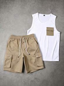 Manfinity Homme Men's Spring/Summer Colorblock Mature Casual Tank Top & Shorts Set - Khaki - View 4