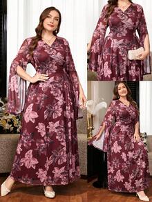 Reflora Plus Size Elegant Floral Print Faux Pearl Decor V-Neck Dress Fall - Multicolor - View 9