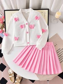 Elladie kids Tween Girls Sweet & Gentle 3D Handmade Crochet Bow Decor Pure White & Light Pink Contrast Vertical Ribbed Knit Soft Skin-Friendly V-Neck Single-Breast - Pink - View 4