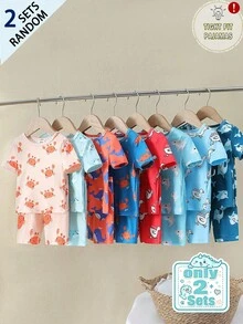 [2 Set Acak] 1 Set Piyama Bayi Laki-laki Musim Panas Motif Kartun Hewan Pas Badan Lengan Pendek & Celana Pendek Rajutan Lembut - MultiWarna - View 4