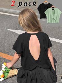 SHEIN Girlism 青少年女孩春夏兩件式休閒時尚露背交叉開背對比線條設計圓領插肩短袖寬鬆版型T恤，返校季，親子套裝 - 彩色 - 查看 9