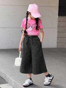 SHEIN 青少年女孩腰部繫帶口袋寬腿鬆垮休閒九分牛仔褲 - 黑色 - 查看 3