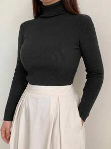 Dazy Plus Plus Size Solid Color Elastic Fitted Casual Elegant Versatile Black Turtleneck Long Sleeve Pullover Sweater, Autumn/Winter New - Black - View 4
