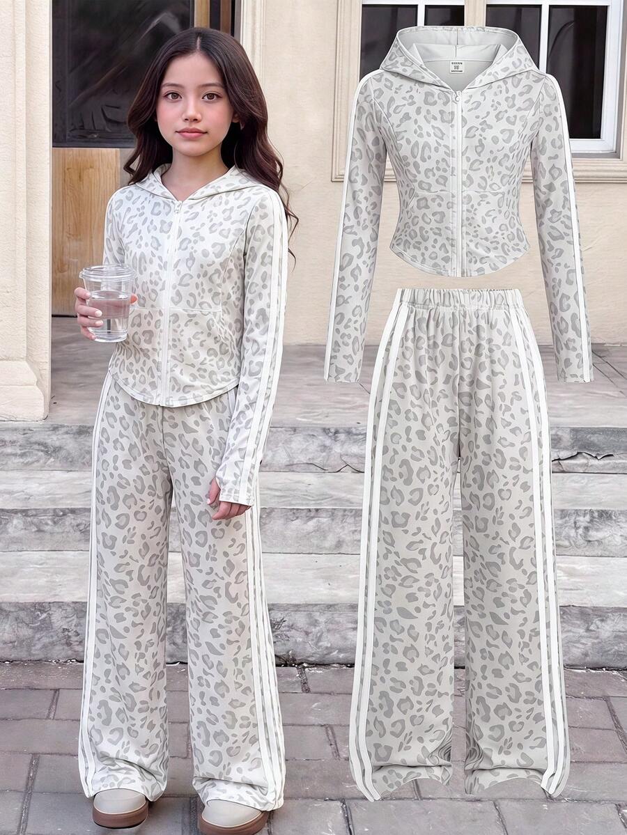 SHEIN 青少年女孩時尚休閒連帽外套與直筒長褲套裝 - 淺灰色 - 查看 1