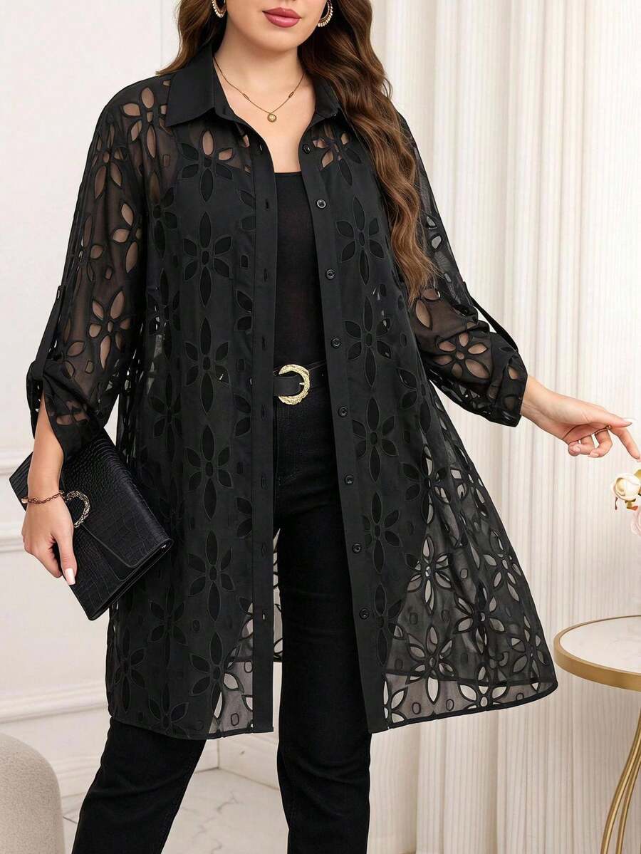 Reflora Plus Size Women's Elegant Black Textured Cut-Out Front Button-Down Shirt With Roll-Up Sleeves, Long Flowy Semi-Sheer Blouse - Black - View 1