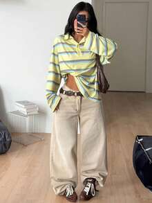 Coolane Women' Fall Vintage Streetwear Casual Preppy Homecoming Daily Wear Basic Butter Yellow Striped Lapel Oversized Long Sleeve Polo T-Shirt - Yellow - View 4