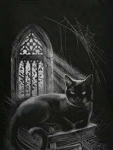 ROMWE Goth 哥德風休閒深色神秘萬聖節貓咪蜘蛛不對稱肩黑色純色秋季街頭風復古大尺碼T恤度假 - 黑色 - 查看 4