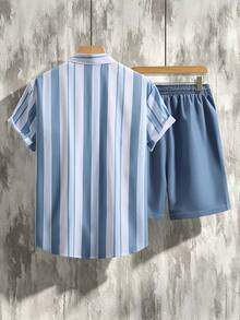 Manfinity Homme Conjunto de 2 piezas de camisa de manga corta a rayas y pantalones cortos de unicolor para hombre - Multicolor - Ver 2