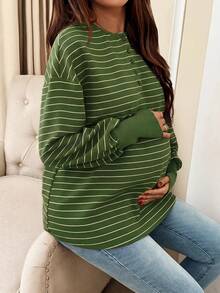 SHEIN 孕婦條紋鈕扣半開襟落肩長袖T恤 秋季 - 軍綠色 - 查看 6