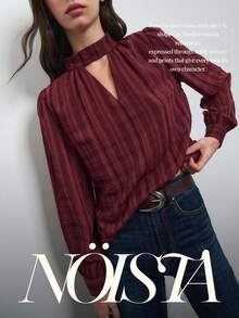 Nöista Burgundy Plaid Blouse With Mock Neck, Keyhole Detail And Long Sleeves. Elegant Design For Office Wear, Day-To-Night Outfits - Burgundy - View 11
