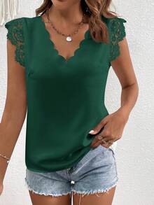 SHEIN VCAY 女款蕾絲拼接V領休閒百搭日常穿著襯衫 - 墨綠色 - 查看 6