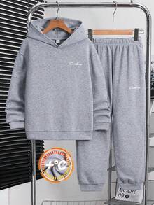SHEIN 兒童青少年男孩字母印花保暖內裡秋冬連帽衛衣與運動長褲套裝 - 深灰色 - 查看 4