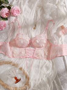 QuietHaus Romantic Embroidered Front Hollow-Out Cross Ribbon Bow Decor Lingerie Bra 1pc - Pink - View 3