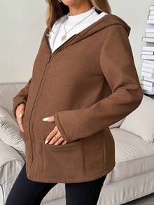 SHEIN Maternity Casual Thermal Lined Hooded 3-In-1 Jacket,Brown 3-In-1 Fleece-Lined Maternity Jacket For Autumn/Winter-Suitable For Various St - Brown - View 5