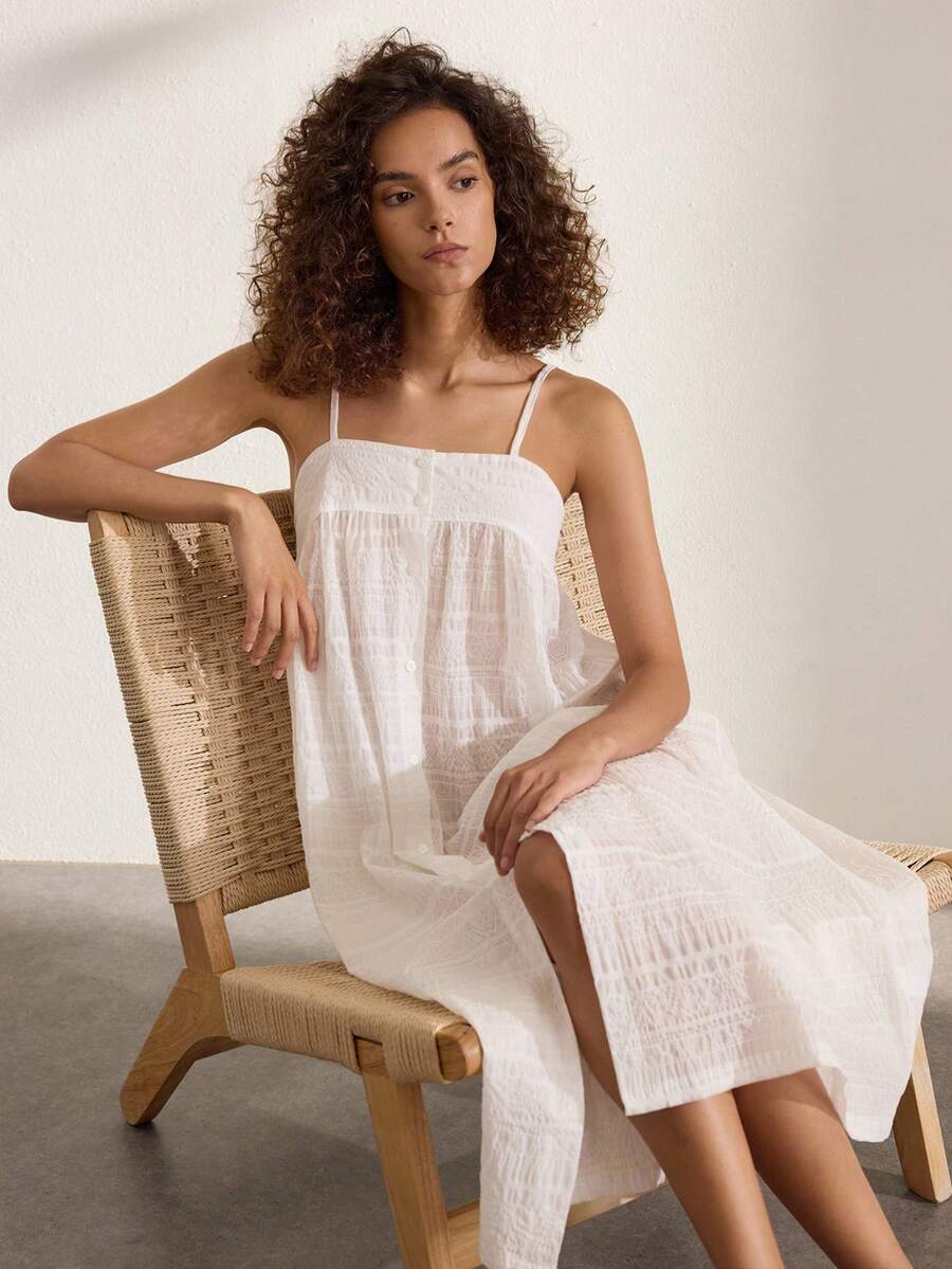 Ocili 100% Jacquard Pure Cotton Soft Comfortable Patchwork Shell Button Camisole Nightgown Women's Loungewear Dress - White - View 1