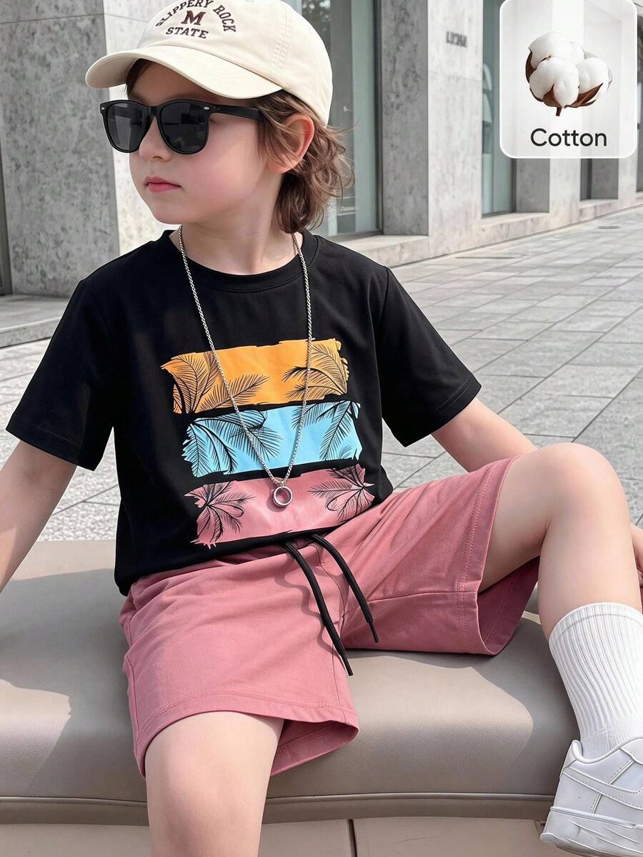 SHEIN Streecool Kids 男童热带椰树印花短袖T恤和短裤套装，休闲度假及日常穿着