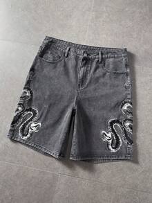ROMWE MEN Street Life Men's Summer Casual Snake Embroidered Denim Shorts - Black - View 4