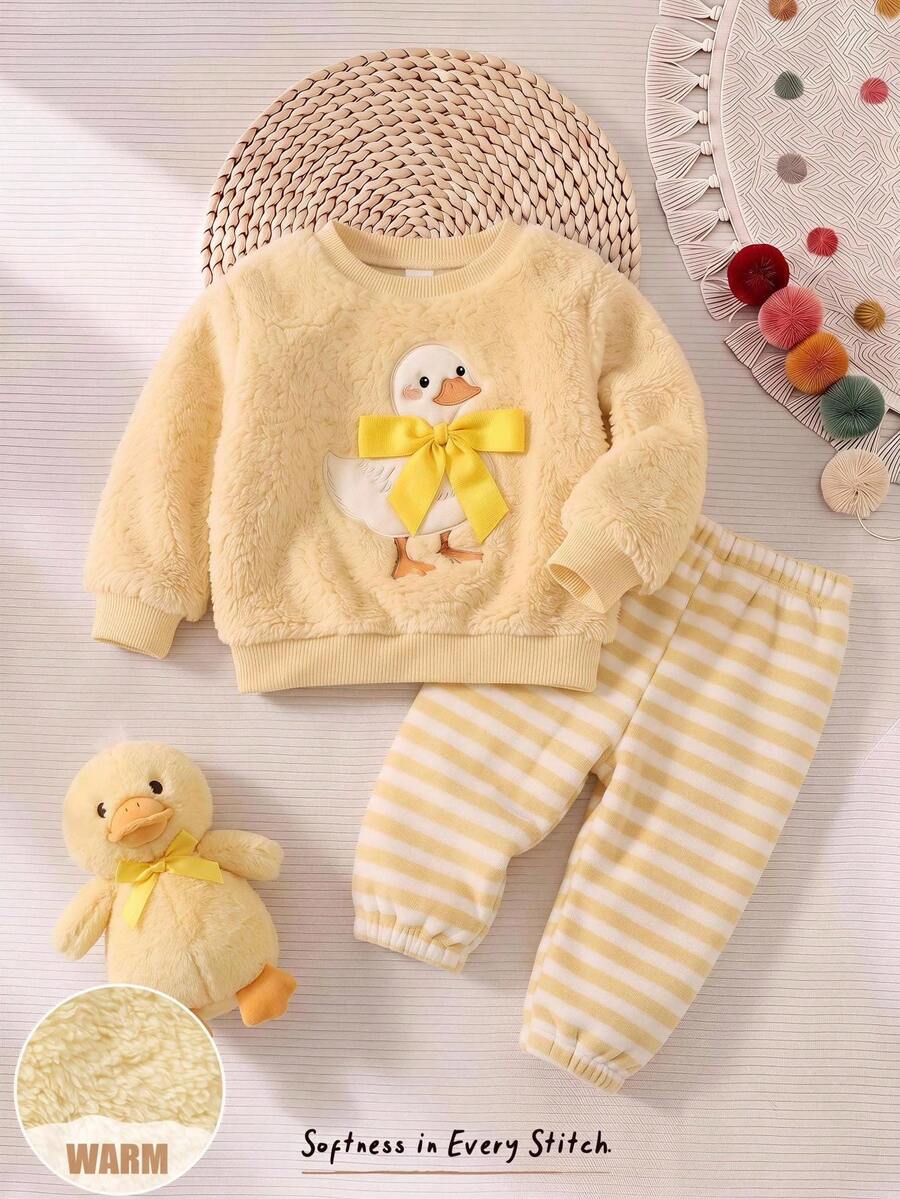 Cozy Pixies Baby Girls Pullover Sweatshirt Co-Ords Round Neck Pullover Fleece Lined Long Sleeve Yellow Applique Swan Pattern Yellow Bow Soft Knit Pullover Sweatshirt Elastic Waist Striped Yellow Long Pants Baby Girl 2-Piece Set Cute & Comfortable - Yellow - View 1