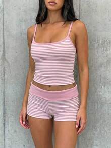 SHEIN EZwear 夏季對比色條紋細肩帶上衣與短褲套裝 - 粉色 - 查看 4