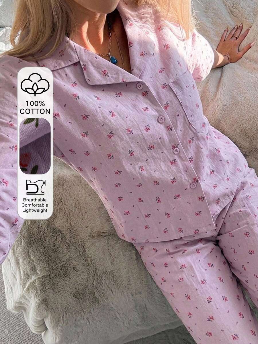 DAZY Women's Ditsy Floral Short Top & Long Pants 2 Pieces Pajama Set, Summer Autumn Winter - Mauve Purple - View 1