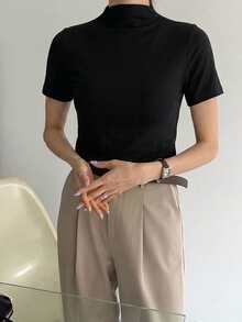 DAZY 女款純色立領短袖休閒百搭T恤 - 黑色 - 查看 3