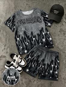 Boys' Summer Fashion New Dark Grey Flame Rhinestone Print Short Sleeve + Shorts Set, Suitable For Spring And Summer Wear - Multicolor - View 3