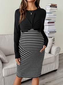 SHEIN 孕婦哺乳條紋拼色休閒日常夏季秋季洋裝 - 黑色 - 查看 4