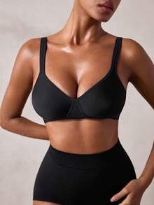 Veilyse 1pc Women's Comfortable Wireless Soft Cup Solid Color Brafor Summerfor Summer - Black - View 5