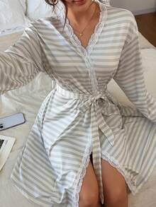 Napfluff Striped Women's Lace Patchwork Nightgown Robe - Multicolor - View 7