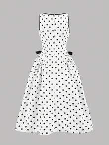 Pitira 少女白色黑波點優雅蝴蝶結收腰洋裝，夏季休閒時尚梭織禮服，適合派對、儀式、生日與畢業典禮 - 黑與白 - 查看 2