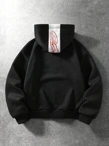 ROMWE MEN Men's Artistic Calligraphy Print Cross Patch Embroidery Streetwear Sweatshirt Hoodie - Black - View 3