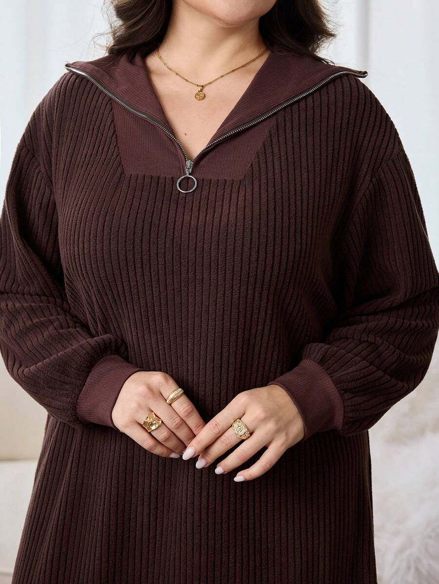 Veilorie Plus Size Casual Versatile Solid Color Sweatshirt Dress - Coffee Brown - View 1