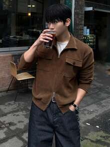 DAZY Spring/Autumn Lightweight Corduroy Fabric Short Jacket With Chest Pocket Design For Men - Brown - View 3