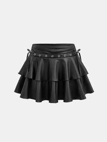 SHEIN 兒童青少年女孩秋/冬新款黑色純色休閒抽繩綁帶雙層蛋糕裙，PU材質，派對聚會，內建安全褲，返校季 - 黑色 - 查看 6