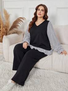 Lacomfia Autumn/Winter Elegant Loose Versatile V-Neck Pullover Floral Sleeve Patchwork Waist-Cinched Drape Pants Plus Size Women 2-Piece Set - Multicolor - View 1