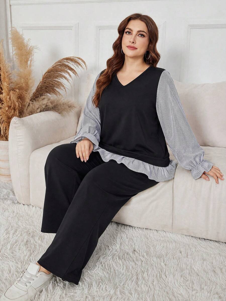 Lacomfia Autumn/Winter Elegant Loose Versatile V-Neck Pullover Floral Sleeve Patchwork Waist-Cinched Drape Pants Plus Size Women 2-Piece Set - Multicolor - View 1