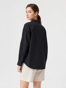 SHEIN BASICS Women's Solid Color Casual All-Match Minimalist Professional Versatile Daily Long Sleeve Shirt Teachers' Day Office Black Autumn - Black - View 7