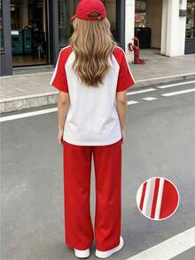 SHEIN Casuvi Kids 女童大童秋冬過渡運動學院風粉色與深綠色拼接短袖T恤短褲套裝，夏季寬鬆修身設計，輕量面料，適合日常穿著、休閒運動或搭配造型 - 彩色 - 查看 2